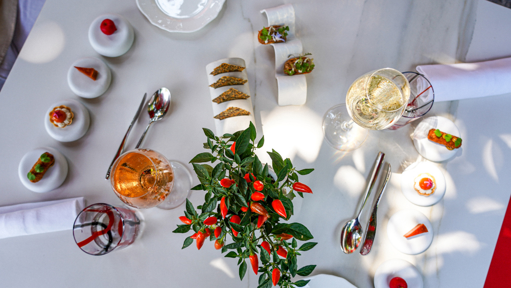 Evoluzione menu at the Michelin-starred restaurant Kitchen with wine pairing for four.