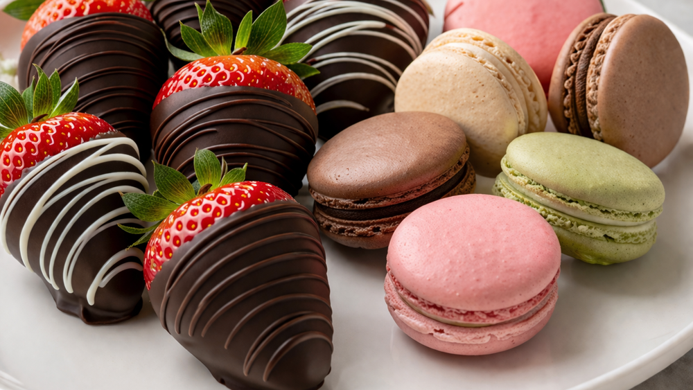 Chocolate Dipped Strawberries & Macarons